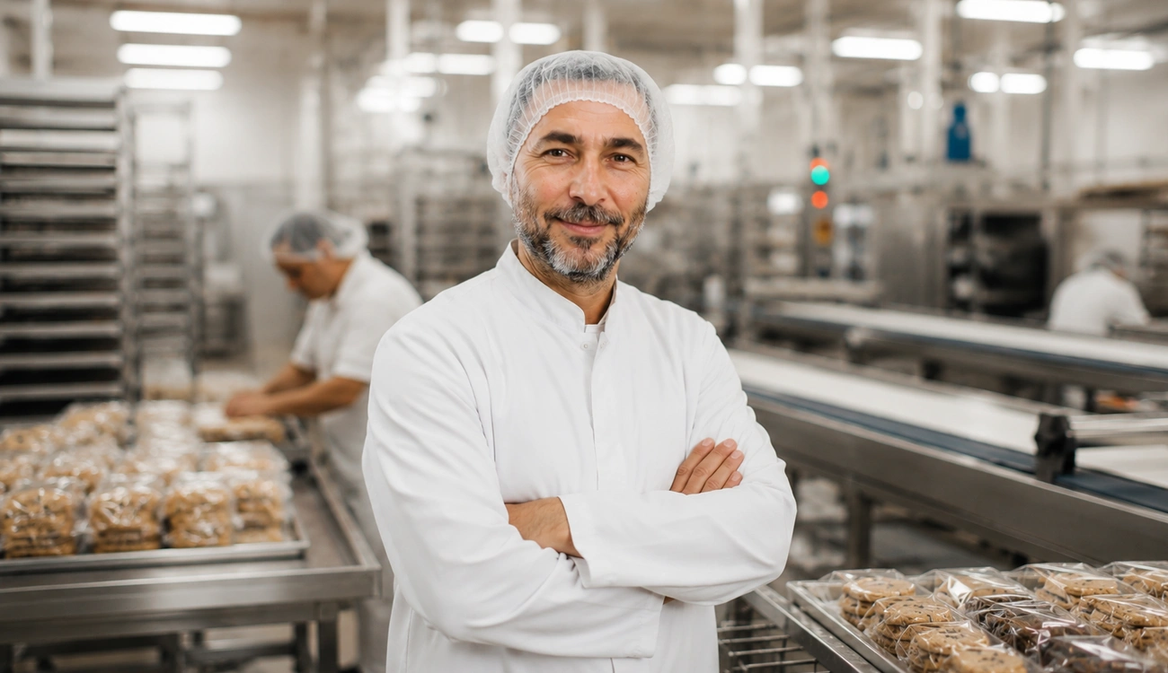 Eigenaar in AGF-productiehal met machines voor verwerking van koekjes