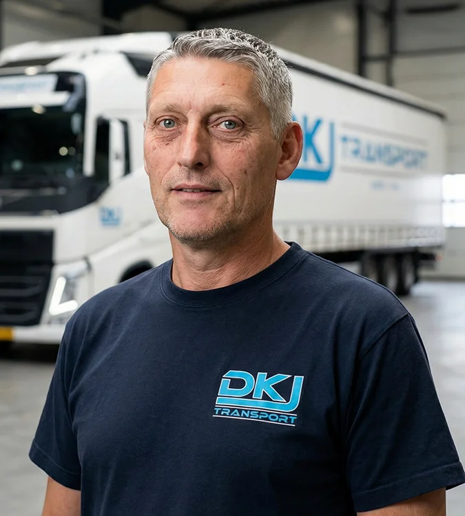 Vrachtwagen op de achtergrond met een eigenaar van DKJ Transport